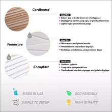 Load image into Gallery viewer, Chart comparing Cardboard, Foamcore, and Coroplast with their uses and features.