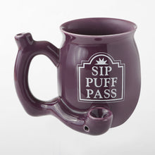 Load image into Gallery viewer, Sip Puff Pass RAOST AND TOAST Ceramic Pipe Mug Purple with white letters Fashioncraft
