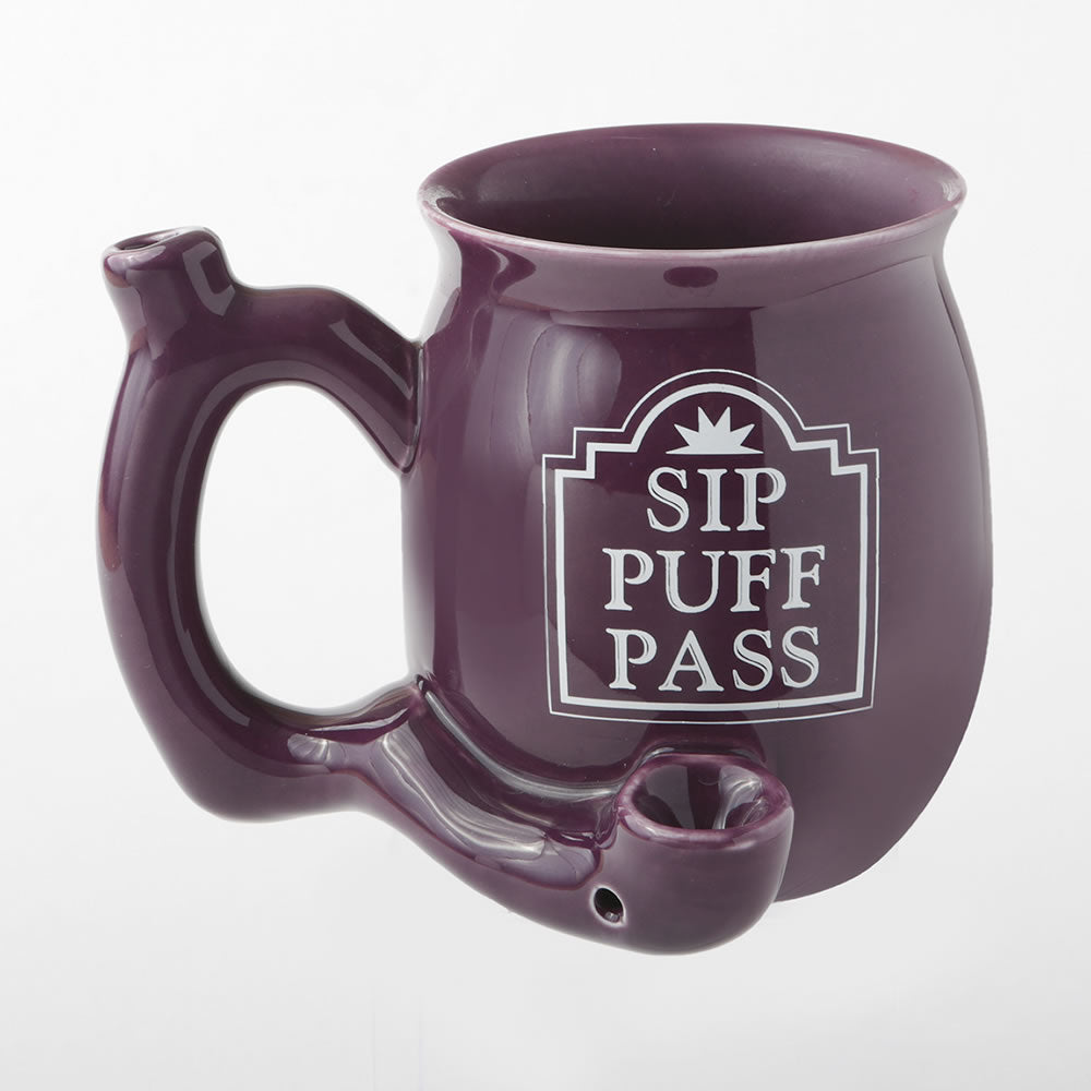 Sip Puff Pass RAOST AND TOAST Ceramic Pipe Mug Purple with white letters Fashioncraft