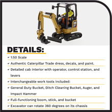 Load image into Gallery viewer, Diecast Masters CAT Caterpillar 301.7 CR Next Generation Mini Hydraulic Excavator with Work Tools and Operator High Line Series 1/50 Model 85597 - AT TEN Distribution