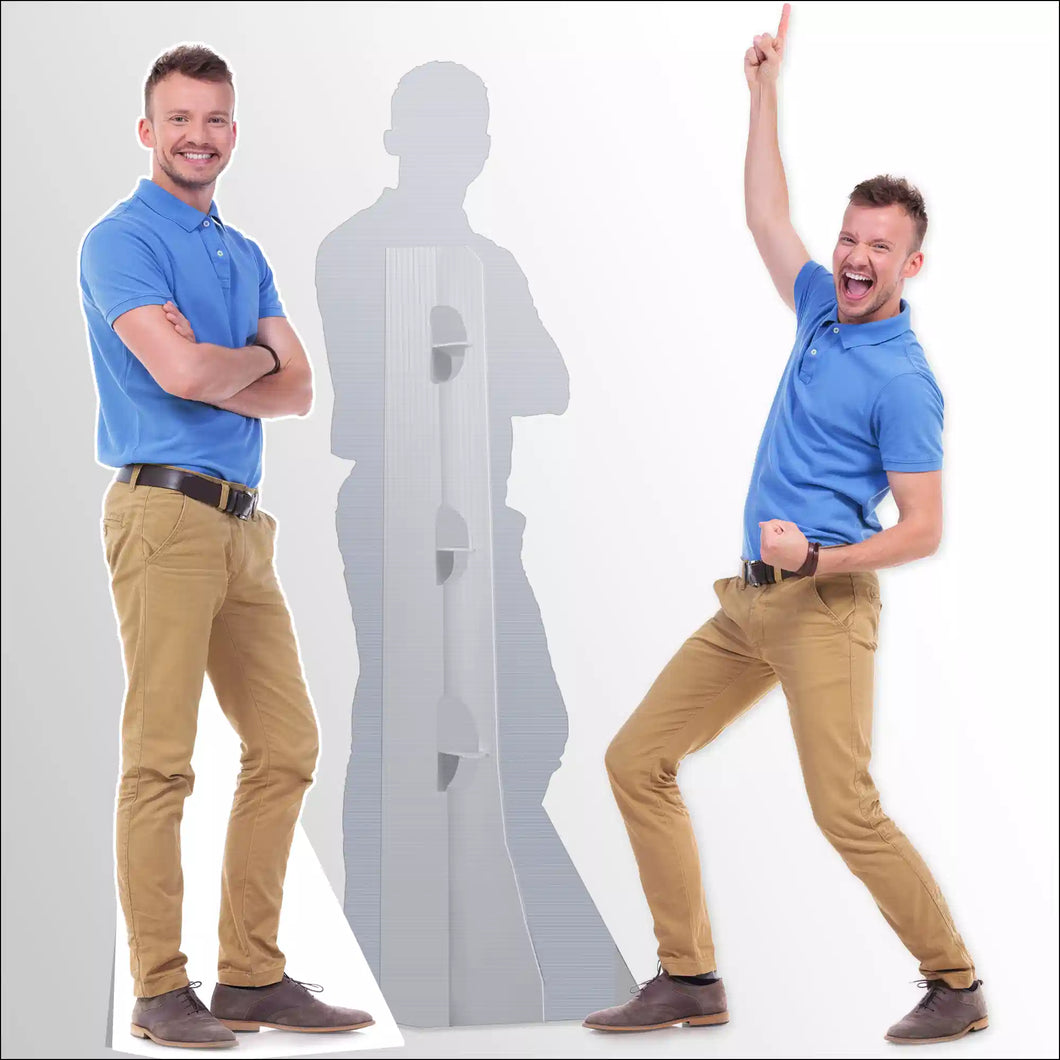 Two men in blue shirts and beige pants, one standing with arms crossed and the other jumping with one arm raised, on a white background.