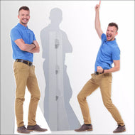 Two men in blue shirts and beige pants, one standing with arms crossed and the other jumping with one arm raised, on a white background.