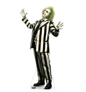 Life-size cardboard cutout of the character Beetlejuice from the 2024 film, standing with hands raised and wearing a black and white striped suit.