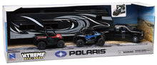 Load image into Gallery viewer, New Ray Toys Die cast Pick up Truck with Toy Hauler and 2 Polaris Vehicles (Blue RZR and red Ranger)
