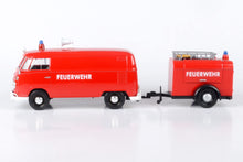 Load image into Gallery viewer, Volkswagen Type 2 (T1) Fire Van with Fire Fighting Trailer Feuerwehr Red 1/24 Diecast Model Car by Motormax 79671
