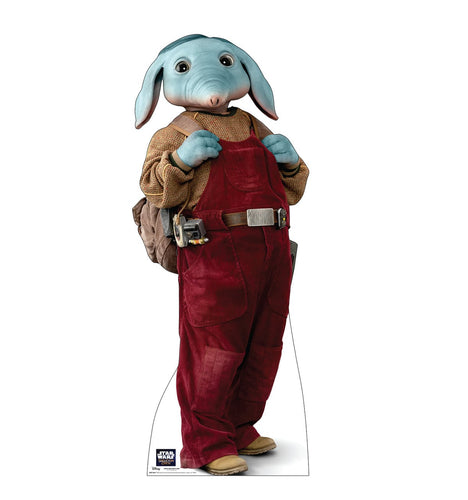 Cardboard standee of a character in a blue hat and red overalls on a white background