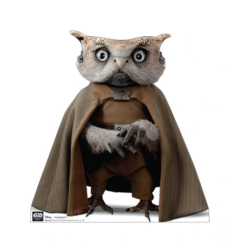 Cardboard standee of a character with an owl-like head and brown cape on a white background