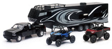 Load image into Gallery viewer, New Ray Toys Die cast Pick up Truck with Toy Hauler and 2 Polaris Vehicles (Blue RZR and red Ranger)
