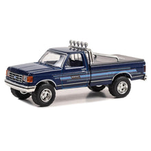 Load image into Gallery viewer, 1987 F-250 XLT Lariat Pickup Truck Blue with Stripes and Blue Interior Bigfoot Cruiser #1&quot; &quot;Hobby Exclusive Series 1/64 Diecast Model Car by Greenlight 30433
