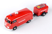 Load image into Gallery viewer, Volkswagen Type 2 (T1) Fire Van with Fire Fighting Trailer Feuerwehr Red 1/24 Diecast Model Car by Motormax 79671
