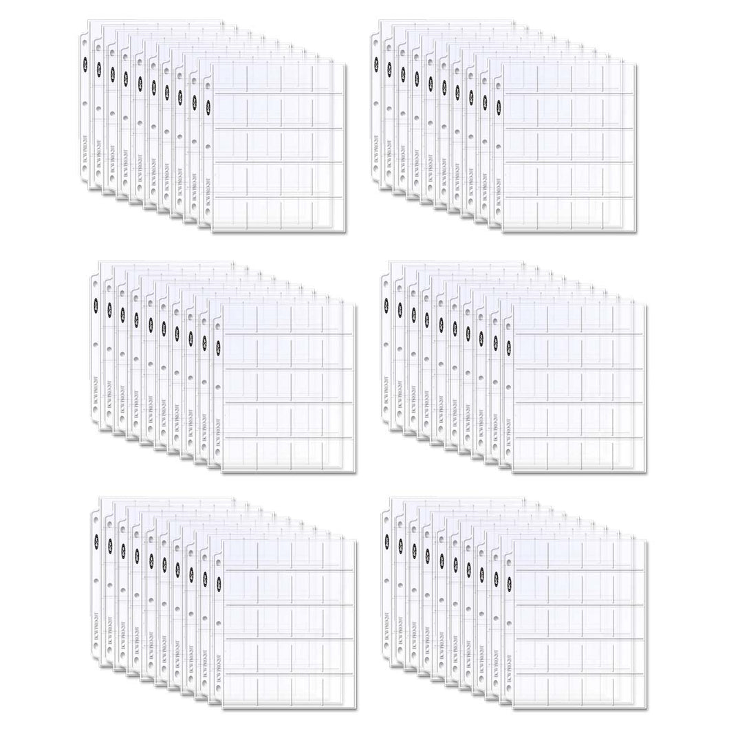 BCW Pro 20-Pocket Page -60 Sheets of BCW Coin Collection Pocket Pages - 2x2 Coin Collecting Book Album Protector Sleeves - Currency Holder Storage for Coin or Slide Display - Each Sheet Holds 20 Coins