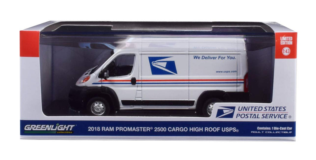 Greenlight 86154 1: 43 2018 Ram Promaster 2500 Cargo High Roof - United States Postal Service (USPS) - New Tooling, Multi