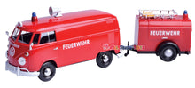 Load image into Gallery viewer, Volkswagen Type 2 (T1) Fire Van with Fire Fighting Trailer Feuerwehr Red 1/24 Diecast Model Car by Motormax 79671
