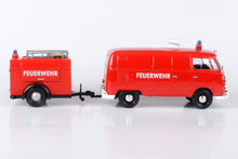 Load image into Gallery viewer, Volkswagen Type 2 (T1) Fire Van with Fire Fighting Trailer Feuerwehr Red 1/24 Diecast Model Car by Motormax 79671
