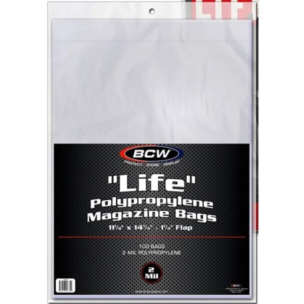 BCW Life Magazine Bags -1 Pack of 100 | Crystal Clear Polypropylene | Acid-Free Archival Quality | Protect and Store Collectible Life Magazines | Exterior 11 1/8 x 14 1/4