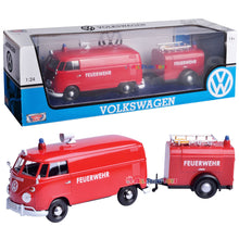 Load image into Gallery viewer, Volkswagen Type 2 (T1) Fire Van with Fire Fighting Trailer Feuerwehr Red 1/24 Diecast Model Car by Motormax 79671
