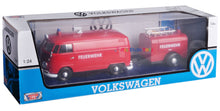 Load image into Gallery viewer, Volkswagen Type 2 (T1) Fire Van with Fire Fighting Trailer Feuerwehr Red 1/24 Diecast Model Car by Motormax 79671
