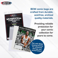 Load image into Gallery viewer, BCW Thick Resealable Magazine Bags - 1 Pack of 100 | Acid-Free, Clear Polypropylene Sleeves for Archival-Quality Storage of Collectible Magazines | Protect Your Valuable Comic Book Collection
