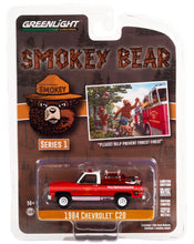 Load image into Gallery viewer, 1984 Chevy C20 Pickup Truck w/Fire Equipment Hose &amp; Tank Please! Help Prevent Forest Fires! Smokey Bear 1/64 Diecast Model Car by Greenlight 38020 E
