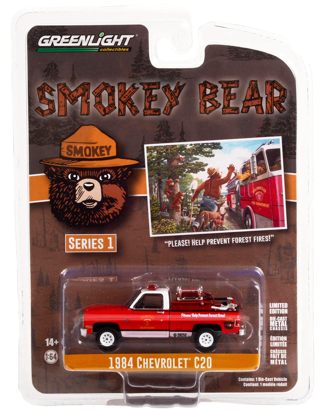 1984 Chevy C20 Pickup Truck w/Fire Equipment Hose & Tank Please! Help Prevent Forest Fires! Smokey Bear 1/64 Diecast Model Car by Greenlight 38020 E