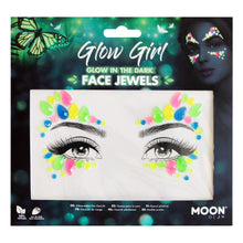 Load image into Gallery viewer, Glow in the Dark Face Jewels by Moon Glow - Festival Face Body Gems, Crystal Make up Eye Glitter Stickers, Temporary Tattoo Jewels (Glow Girl)

