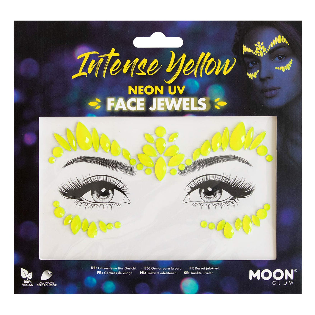 Neon UV Face Jewels by Moon Glow - Festival Face Body Gems, Crystal Make up Eye Glitter Stickers, Temporary Tattoo Jewels (Intense Yellow)