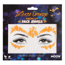 Load image into Gallery viewer, Neon UV Face Jewels by Moon Glow - Festival Face Body Gems, Crystal Make up Eye Glitter Stickers, Temporary Tattoo Jewels (Intense Orange)
