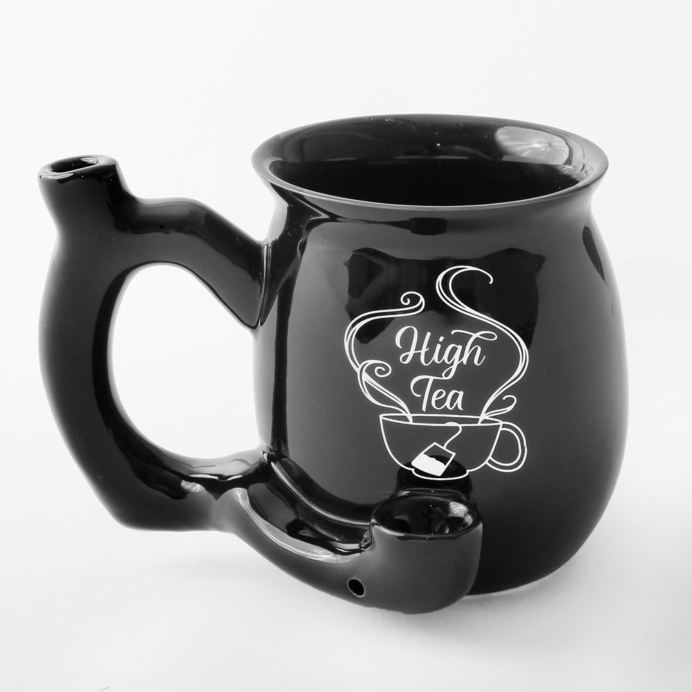 High Tea Pipe Single Wall Ceramic Mug Shiny Black with White imprint Cool Trendy Gift Party Fashioncraft