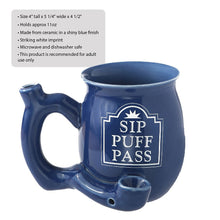 Load image into Gallery viewer, Sip Puff Pass RAOST AND TOAST Ceramic Pipe Mug Blue with white letters Fashioncraft
