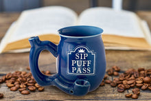 Load image into Gallery viewer, Sip Puff Pass RAOST AND TOAST Ceramic Pipe Mug Blue with white letters Fashioncraft
