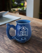 Load image into Gallery viewer, Sip Puff Pass RAOST AND TOAST Ceramic Pipe Mug Blue with white letters Fashioncraft
