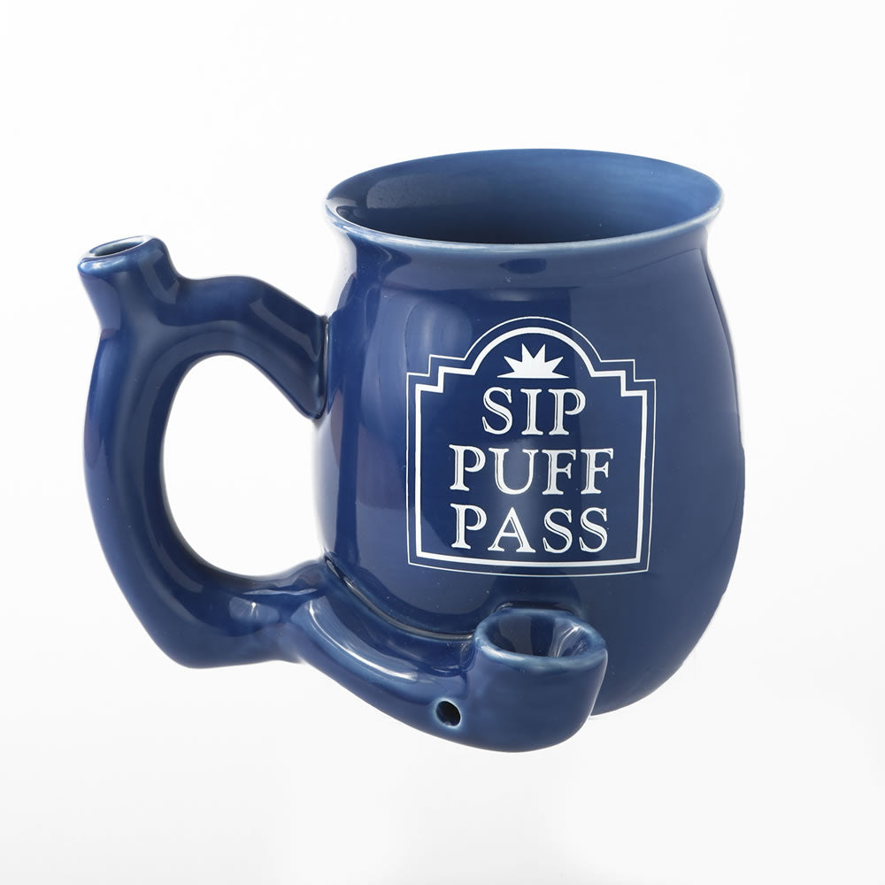 Sip Puff Pass RAOST AND TOAST Ceramic Pipe Mug Blue with white letters Fashioncraft