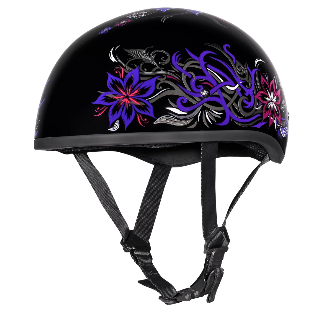 Black helmet with colorful floral designs on a white background