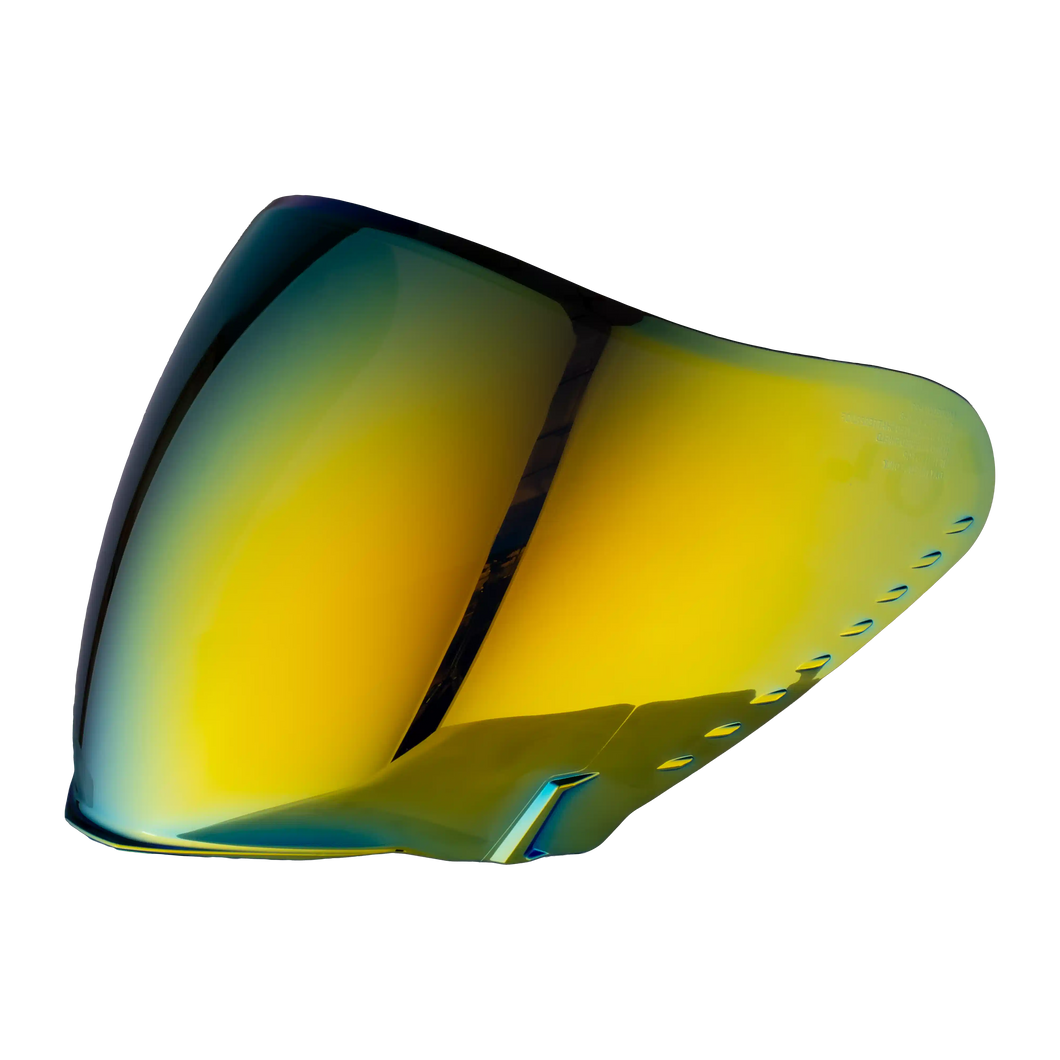 Yellow and blue reflective visor on a white background