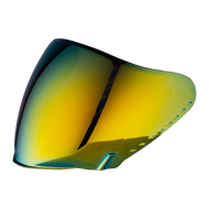 Yellow and blue reflective visor on a white background