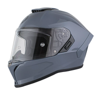 Gray motorcycle helmet with clear visor on a white background