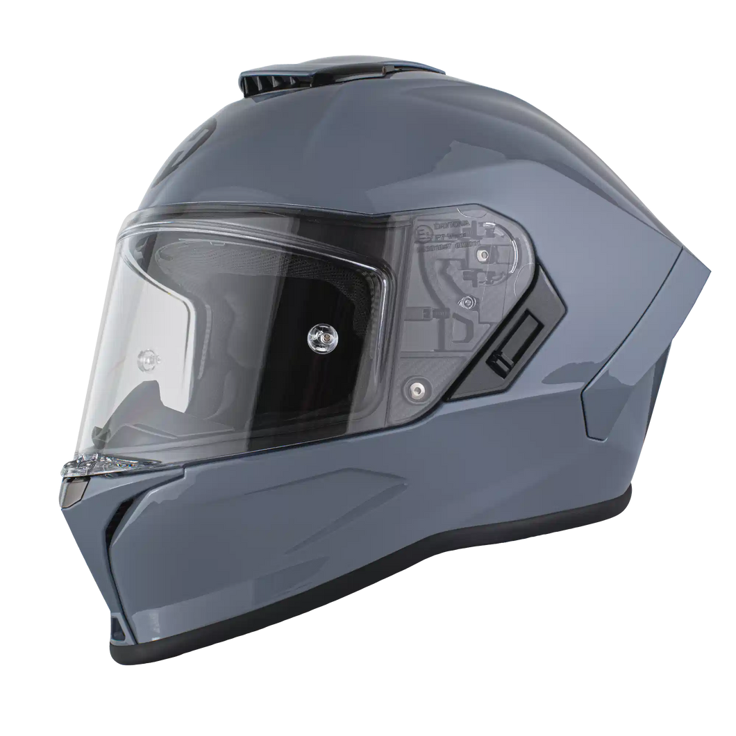 Gray motorcycle helmet with clear visor on a white background