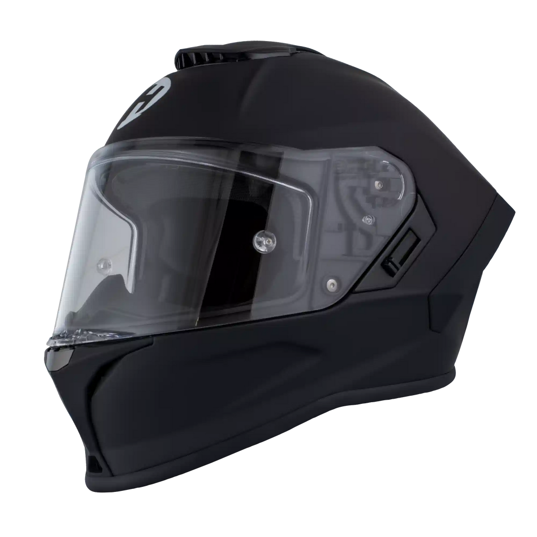 Black motorcycle helmet with clear visor on a white background
