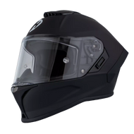 Black motorcycle helmet with clear visor on a white background