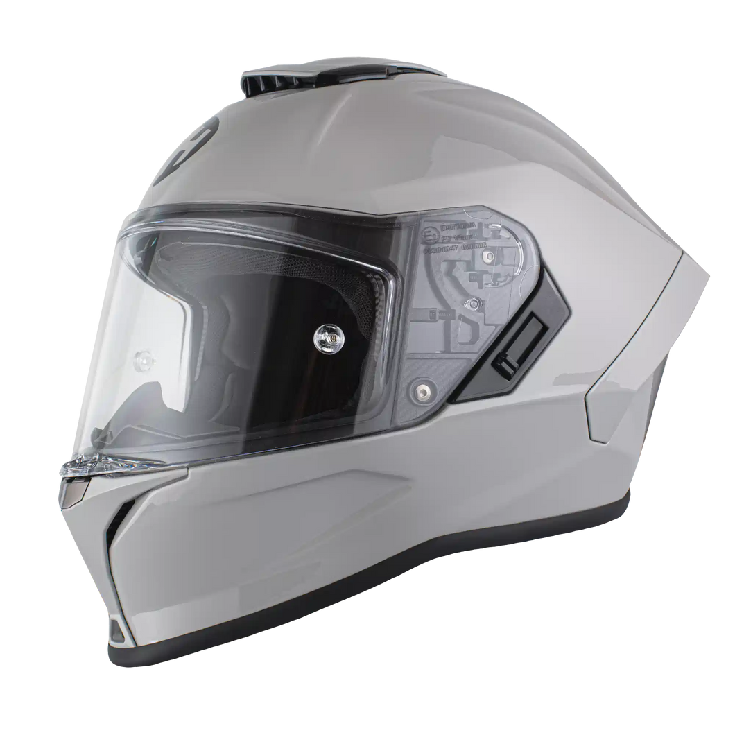 Gray motorcycle helmet with clear visor on a white background