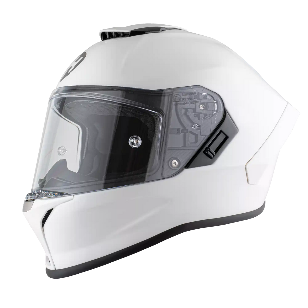 White motorcycle helmet with clear visor on a white background