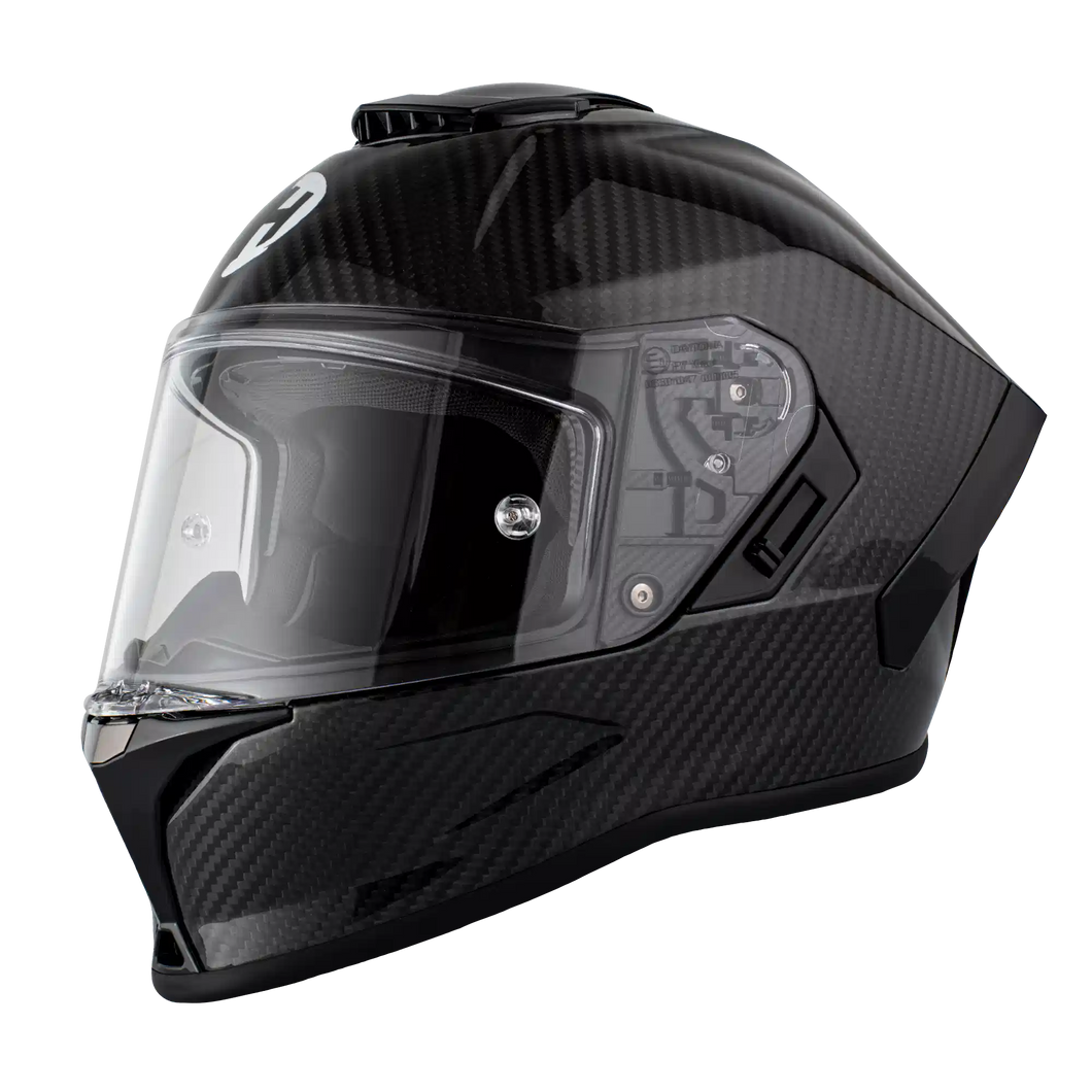 Black motorcycle helmet with clear visor on a white background