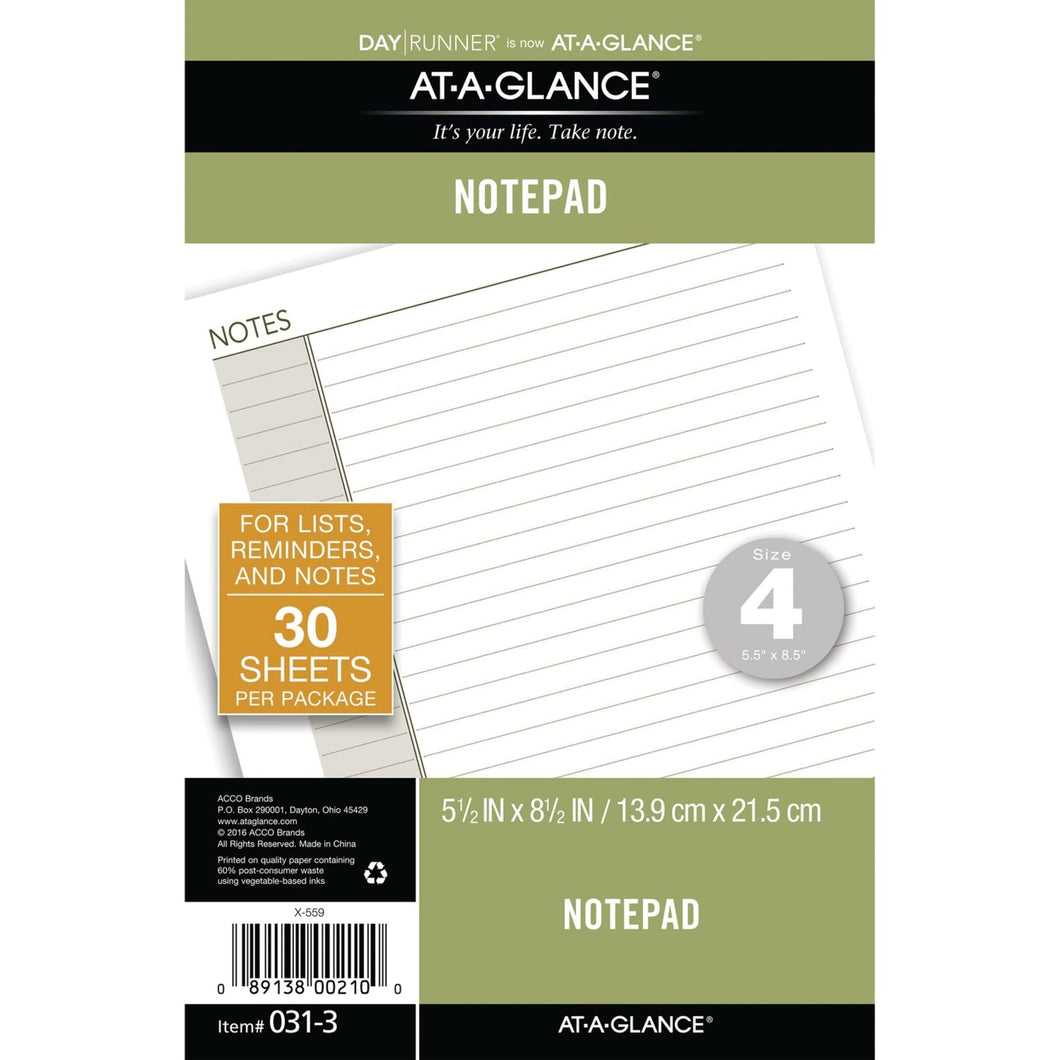 AT - A - GLANCE Day Runner Lined NotePad Pages, 87275 DAY - TIMER, Refill, Loose - Leaf, Undated, for Planner, 5 - 1/2