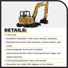 Load image into Gallery viewer, Diecast Masters CAT Caterpillar 308 CR Next Generation Mini Hydraulic Excavator with Work Tools and Operator High Line Series 1/50 Model 85596 - AT TEN Distribution
