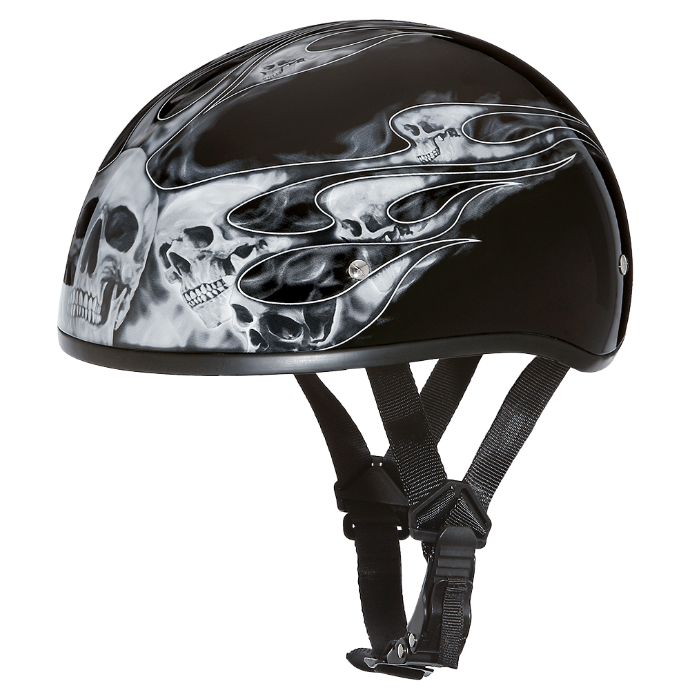 D.O.T. DAYTONA SKULL CAP - W/ SKULL FLAMES SILVER - 2XS - AT TEN Distribution