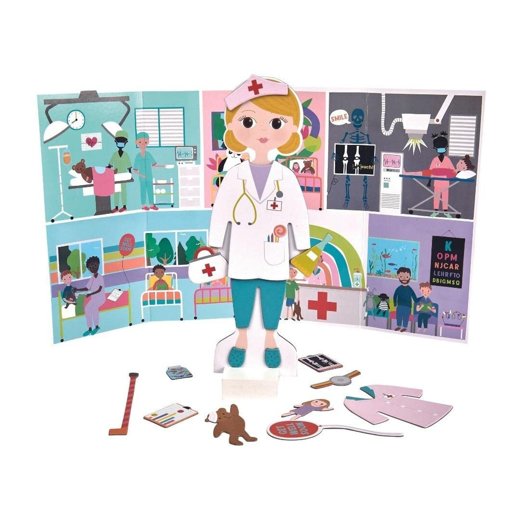 Floss & Rock Magnetic Florence Doll - 40 - Piece Wooden Educational Dress - Up Set - Doctor, Nurse, and Patient Outfits - Montessori Toy with Reversible Scene & Easy Storage Creative Play for Kids Ages 3+ - AT TEN Distribution