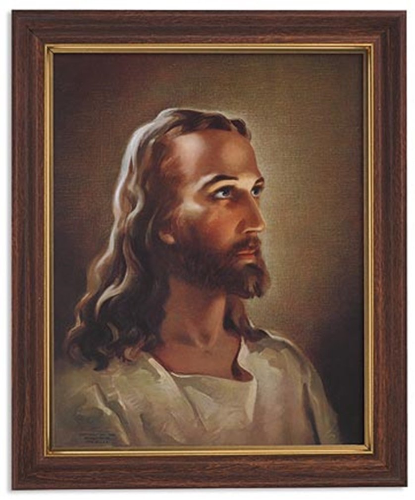 Gerffert Collection Sallman Head of Christ Catholic Framed Portrait Print, 13 Inch (Wood Tone Finish Frame) - AT TEN Distribution