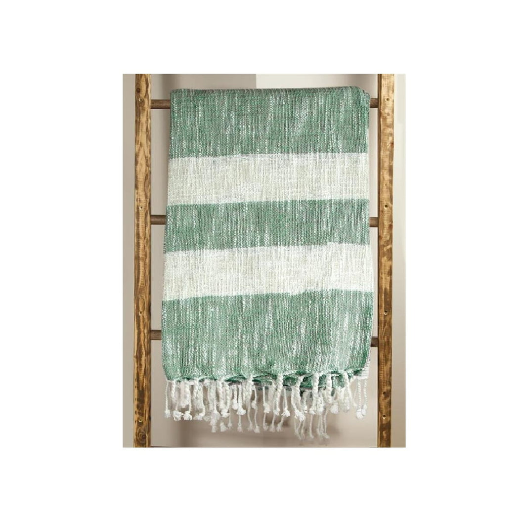 Green and White Stripe Rectangular Cotton Throw Blanket with Fringed Border 50