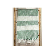 Green and White Stripe Rectangular Cotton Throw Blanket with Fringed Border 50