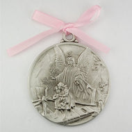 Guardian Angel Crib Medal Pink Ribbon Round 2 3/4 Great Gift great baptism christening gift keepsake gift - AT TEN Distribution